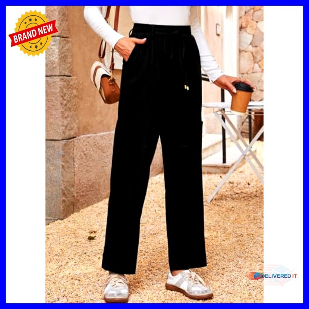 High Waisted Cotton Drawstring Pants Casual Loose Fit Travel Trousers with - Picture 5 of 6